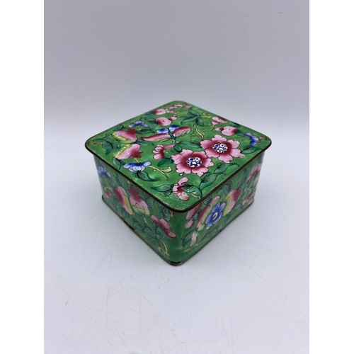 378 - CHINESE PINK ENAMEL CUP, SAUCER AND LID, AND GREEN INSECT AND FLORAL BOX