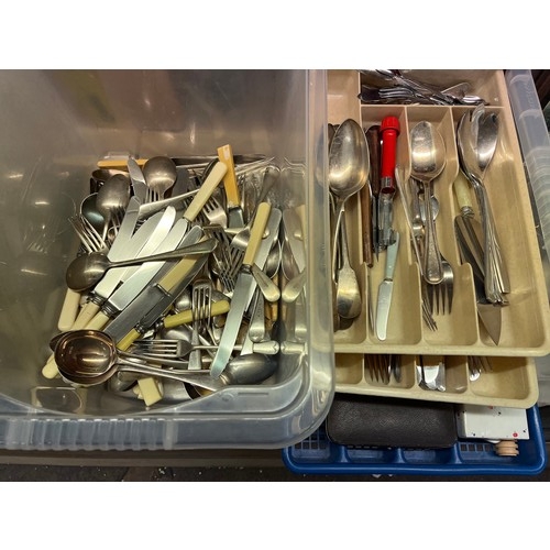 264 - CRATE OF PLATED FLATWARE, AND THREE OTHER TRAYS OF CUTLERY