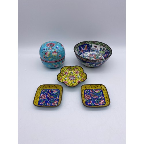 377 - CHINESE ENAMEL LOBED FLORAL DISH AND PAIR OF SQUARE DISHES, 20TH CENTURY BOWL DECORATED WITH DRAGON ... 