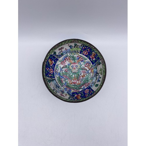 377 - CHINESE ENAMEL LOBED FLORAL DISH AND PAIR OF SQUARE DISHES, 20TH CENTURY BOWL DECORATED WITH DRAGON ... 