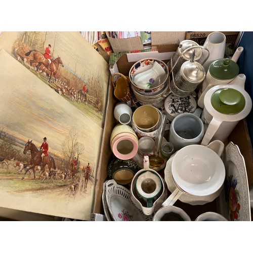 278 - CARTON OF MISCELLAEOUS CERAMICS, PART TEASET, UNFRAMED PRINTS