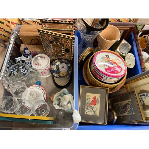 277 - TWO BOXES OF GLASSWARES, CASHS WOVEN SILKS, VARIOUS CLOCKS, DAMASCUS STYLE BOX AND LLADRO FIGURE OF ... 