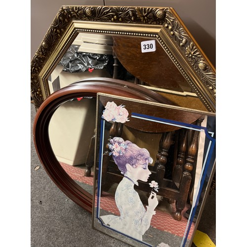 330 - GILT MOULDED OCTAGONAL FRAMED MIRROR, MAHOGANY EFFECT OVAL MIRROR AND A RETRO PICTURE MIRROR OF A GI... 