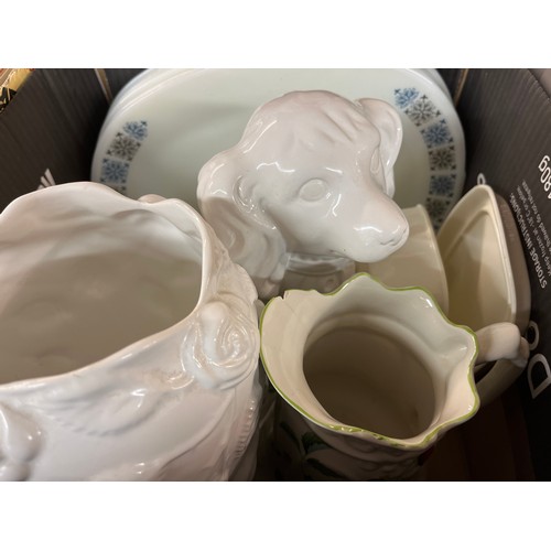 318 - BOX OF CERAMIC PLANTERS, DOG FIGURE, STAFFORDSHIRE POTTERY AND PYREX PLATTERS