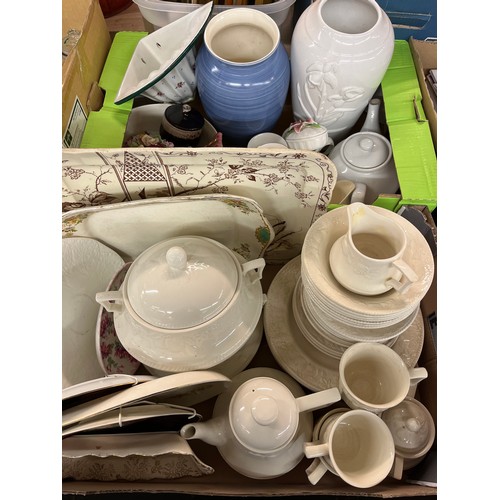 334 - TWO CARTONS - CREAM FRUIT RELIEF PATTERN TABLE SERVICE, VICTORIAN MEAT PLATTER, AND BONE CHINA PLATE... 