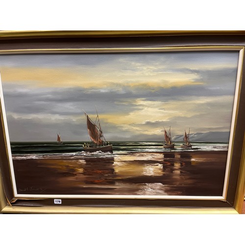 179 - DAVID A JAMES ACRYLICS AND OILS ON CANVAS DEPICTING BOATS ON THE SHORE SIGNED 1972