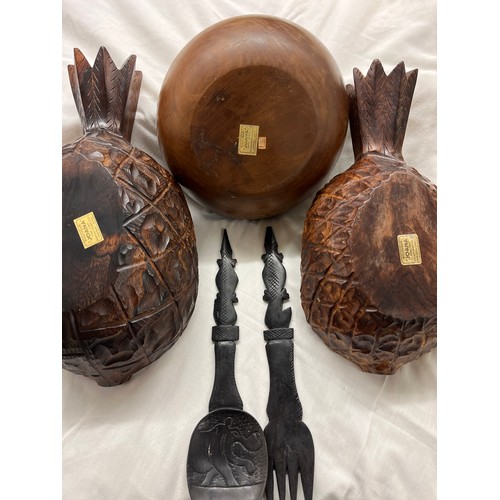 340 - TREEN AND DUG OUT BOWLS AND CARVED WOODEN SERVERS