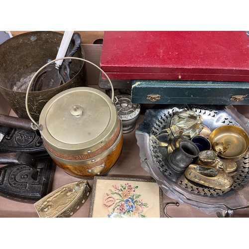 350B - CARTON CONTAINING TWO FLAT IRONS,OAK BISCUIT BARREL, TRIVET, ENGRAVED BRASS PLANTER, CHROMIUM CAKE B... 