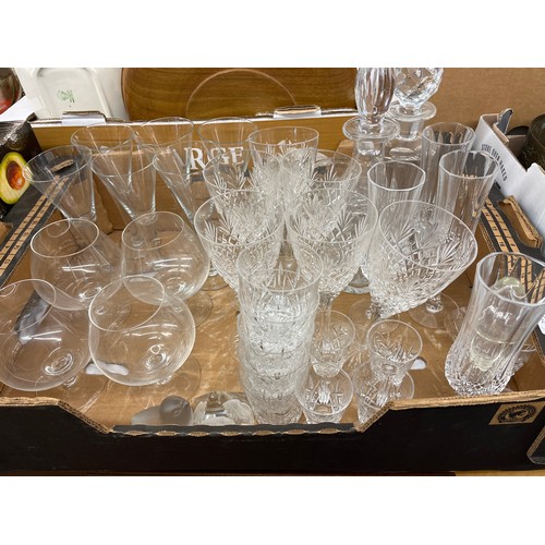 350A - CUT GLASS DECANTERS AND STOPPERS, ETCHED GLASS TUMBLERS, TAPERED WINE GLASSES, BIRD FIGURE, ETC