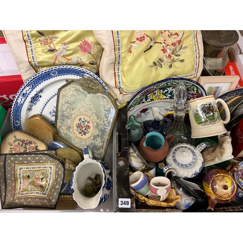 349 - BLUE AND WHITE WILLOW PATTERN JUG, NEEDLE WORK DRESSING TABLE TRAY AND BRUSHES, BLUE AND WHITE TUREE... 