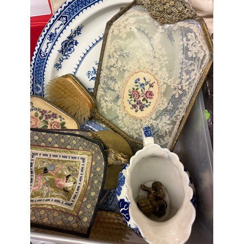 349 - BLUE AND WHITE WILLOW PATTERN JUG, NEEDLE WORK DRESSING TABLE TRAY AND BRUSHES, BLUE AND WHITE TUREE... 