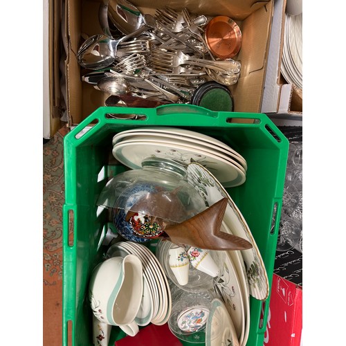 348 - MAPPIN AND WEBB PLATED CUTLERY AND FLATWARE AND CRATE CONTAINING GLASS BOWL, ALFRED MEAKIN PLATES, A... 