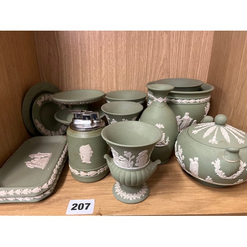 207 - SHELF OF ASSORTED SAGE GREEN WEDGWOOD JASPERWARE