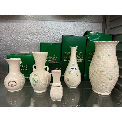 214 - FIVE BELLEEK AND DONEGAL PARIAN CHINA VASES WITH BOXES