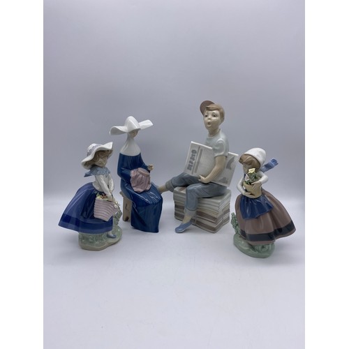 227 - TWO LLADRO FIGURES OF A GIRL WITH FLOWERS, LLADRO FRENCH NUN AND A LLADRO NEWSPAPER VENDOR