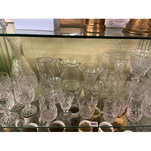 241 - SHELF OF ASSORTED GLASSWARE INCLUDING BRANDY BALLOON, WINE GLASSES, ETC