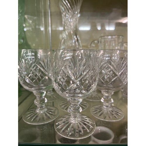 241 - SHELF OF ASSORTED GLASSWARE INCLUDING BRANDY BALLOON, WINE GLASSES, ETC