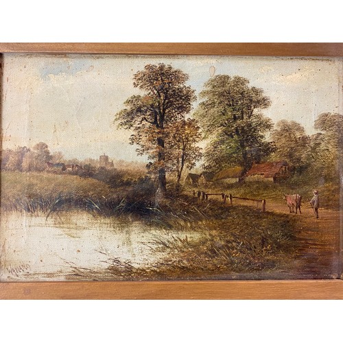 498 - WAYLAND OILS ON CANVAS FIGURE AND A COW ON COUNTRY LANE LANDSCAPE FRAMED, LATE 19TH CENTURY ENGLISH ... 