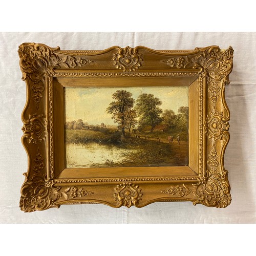 498 - WAYLAND OILS ON CANVAS FIGURE AND A COW ON COUNTRY LANE LANDSCAPE FRAMED, LATE 19TH CENTURY ENGLISH ... 