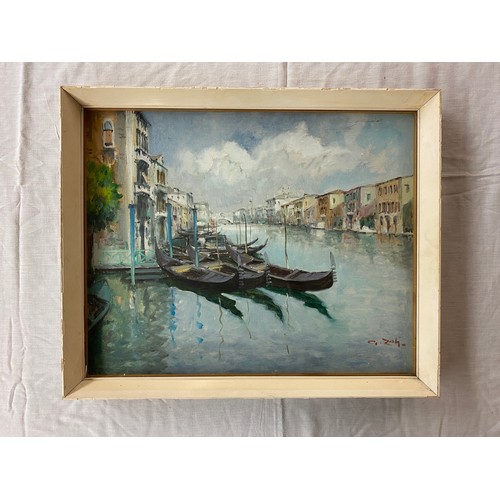 495 - 20TH CENTURY ITALIAN SCHOOL G. ZOLI OILS ON CANVAS VENETIAN GONDOLAS AT MOORINGS 49CM X 40CM APPROX