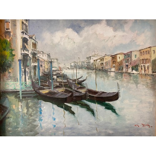 495 - 20TH CENTURY ITALIAN SCHOOL G. ZOLI OILS ON CANVAS VENETIAN GONDOLAS AT MOORINGS 49CM X 40CM APPROX