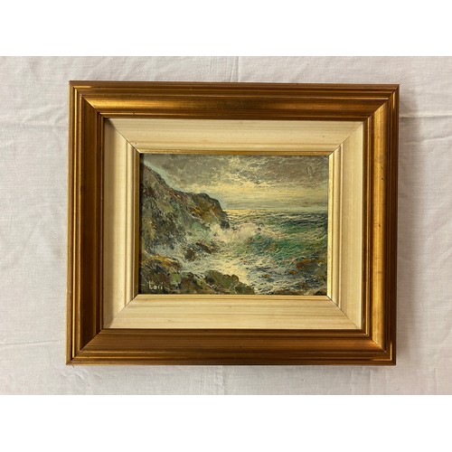 493 - 20TH CENTURY ITALIAN SCHOOL SIGNED LORI OILS ON PANEL MAREGGIATA STORMY SEAS 24CM X 18CM APPROX