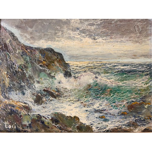 493 - 20TH CENTURY ITALIAN SCHOOL SIGNED LORI OILS ON PANEL MAREGGIATA STORMY SEAS 24CM X 18CM APPROX