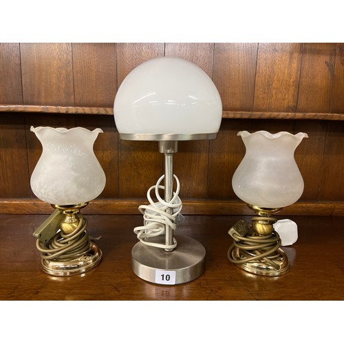 10 - PAIR OF BRASS CANDLE LAMPS AND CHROME OPAQUE DOME LAMP