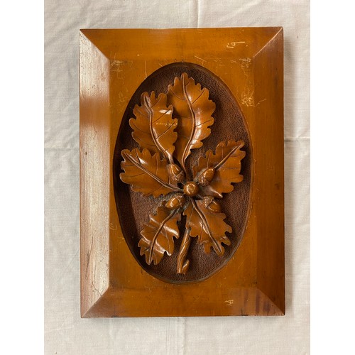 481 - CARVED PANEL OF ACORNS AND OAK LEAVES WORKED BY HOWARD FAWDRY 1890, 30CM X 43CM APPROX