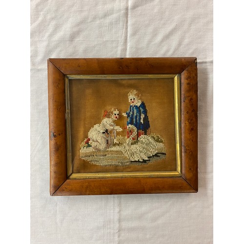 482 - BERLIN NEEDLEWORK PANEL DEPICTING CHILDREN WITH A SWAN IN A MAPLE GLAZE FRAME 20CM X 18CM APPROX