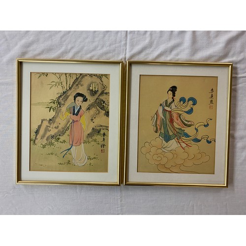 490 - PAIR OF WATER COLOURS ON SILKS OF CHINESE FEMALE FIGURES FRAMED AND GLAZED 19CM X 24CM