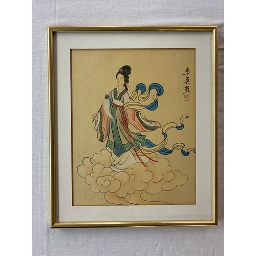 490 - PAIR OF WATER COLOURS ON SILKS OF CHINESE FEMALE FIGURES FRAMED AND GLAZED 19CM X 24CM