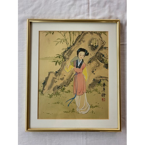 490 - PAIR OF WATER COLOURS ON SILKS OF CHINESE FEMALE FIGURES FRAMED AND GLAZED 19CM X 24CM