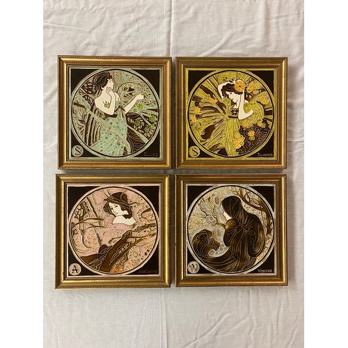 491 - FOUR CERAMIC TILES FRAMED EMBLEMATIC OF THE SEASONS IN THE STYLE OF MUCHA 20CM X 20CM APPROX