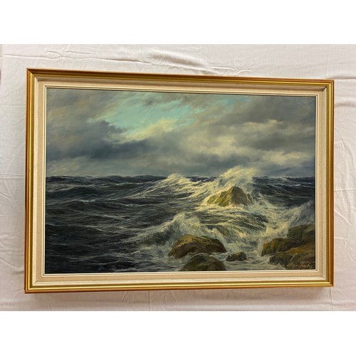 485 - EDGAR FREYBERG 1927-2017 GERMAN OIL ON CANVAS STORMY SEASCAPE SIGNED 90CM X 61CM APPROX