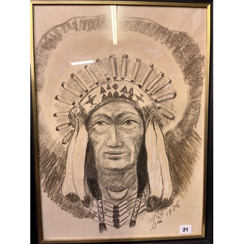 21 - CRAYON AND CHALK PORTRAIT STUDY OF RED INDIAN CHIEFTAIN MONOGRAMMED AND DATED 1976