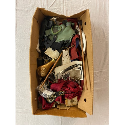 505 - LARGE BOX OF MILITARY RELATED APPAREL INCLUDING SEW-ON PATCHES, SASHES AND RIBBONS, COPPER POWDER FL... 