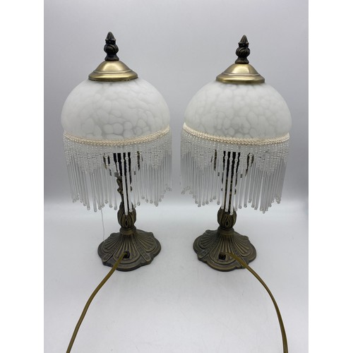 352 - PAIR OF FLECKED GLASS FRINGE SHADE TABLE LAMPS