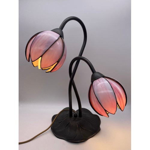 353 - REPRODUCTION LILY PAD TWIN HEADED TABLE LAMP WITH PINK GLASS PETALS