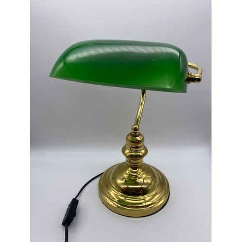 422 - BRASS AND GREEN GLASS BANK TILLERS LAMP