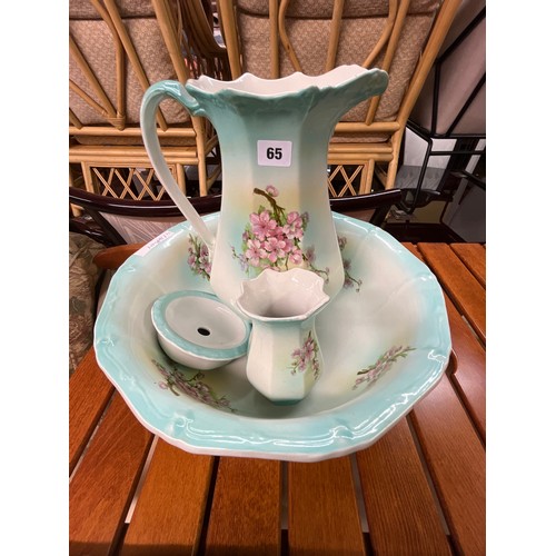 65 - VICTORIAN STAFFORDSHIRE TURQUOISE FLORAL WASH BOWL JUG, VASE, AND SOAP DISH