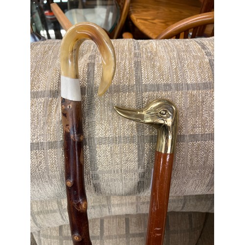 70 - BRASS DUCK HEAD WALKING CANE AND HORN HANDLED WALKING STICK