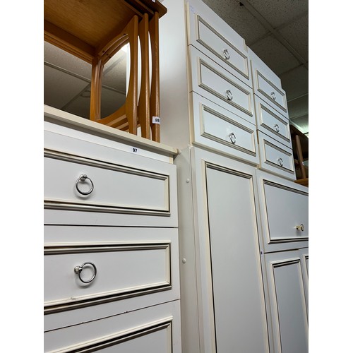 97 - THREE WHITE THREE DRAWER CHESTS AND LINEN BIN