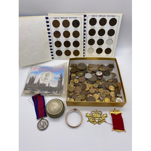 395 - BOX CONTAINING PRE DECIMAL COINAGE, MILITARY MEDAL AND RIBBON, COIN FOLDER OF PENNIES (INCOMPLETE)