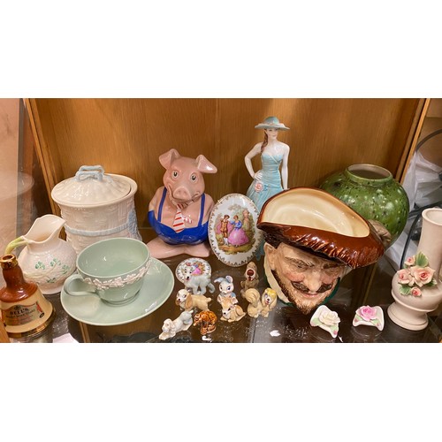 195 - SHELF OF ASSORTED CHINA - WADE PIG, BELLEEK VASE, ROYAL DOULTON TOBY JUG, WADE WHIMSIES, ETC