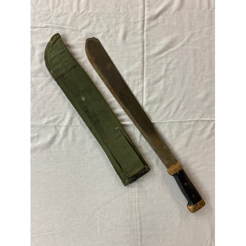 401 - 1945 BUSH MACHETE BY ROGERS AND SONS IN GREEN CANVAS SHEATH (SLIGHT AF) 59CM OVERALL