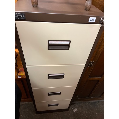 124 - OFFICE WORLD CREAM AND BROWN TWO TONE METAL FILING CABINET