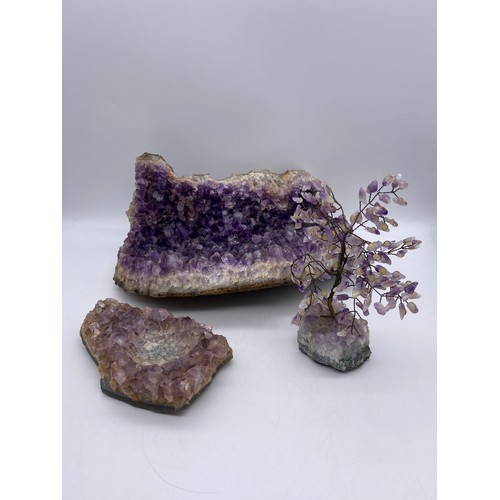 427 - AMETHYST QUARTZ GEODE, AMETHYST STONE CANDLE HOLDER AND WIRE WORK TREE