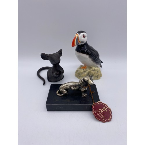 297 - BESWICK PUFFIN, METALWORK MOUSE AND DASCHUND PAPERWEIGHT