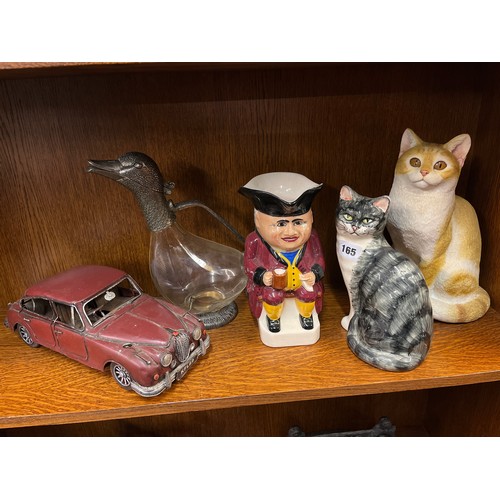 165 - POTTERY SEATED CAT, RESIN CAT, TOBY JUG, DUCK PLATED CLARET JUG AND A TIN VINTAGE CAR